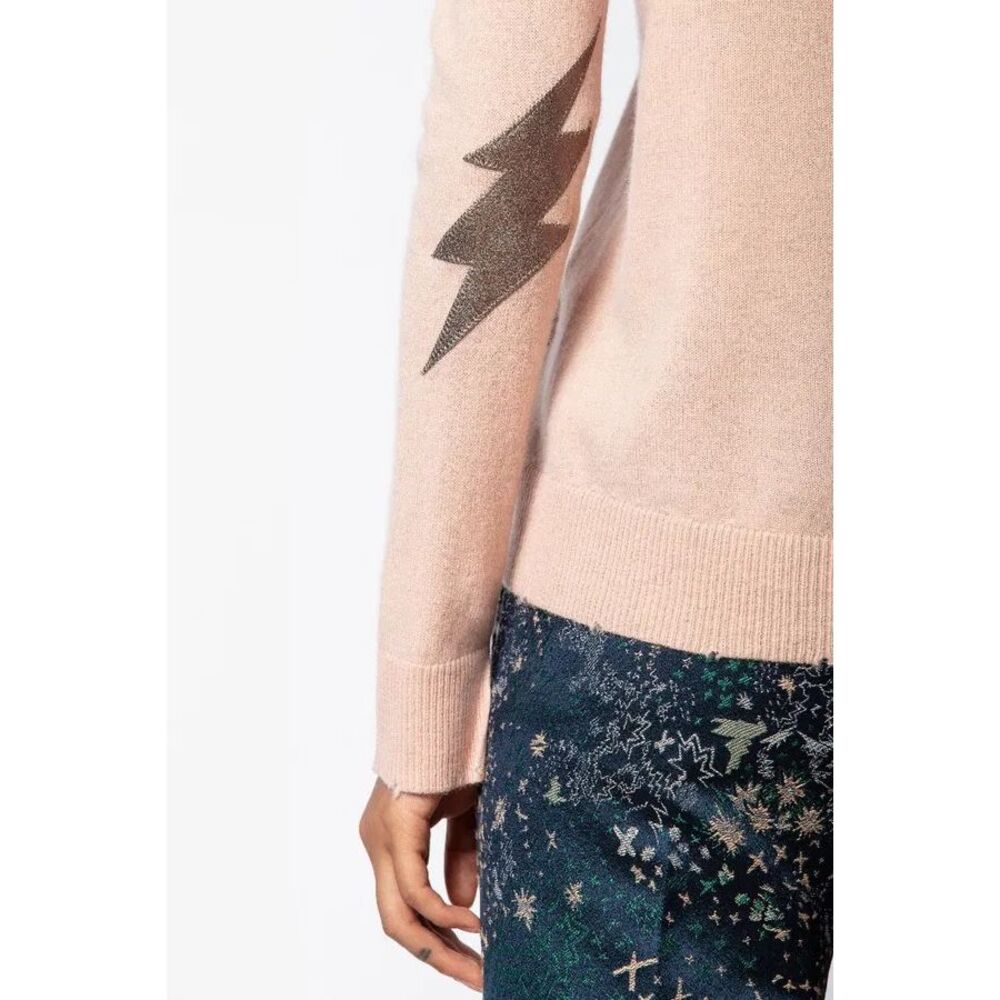 Zadig & Voltaire Cici Crew Neck Cashmere Leather Patch‎ Sweater in Pink Small